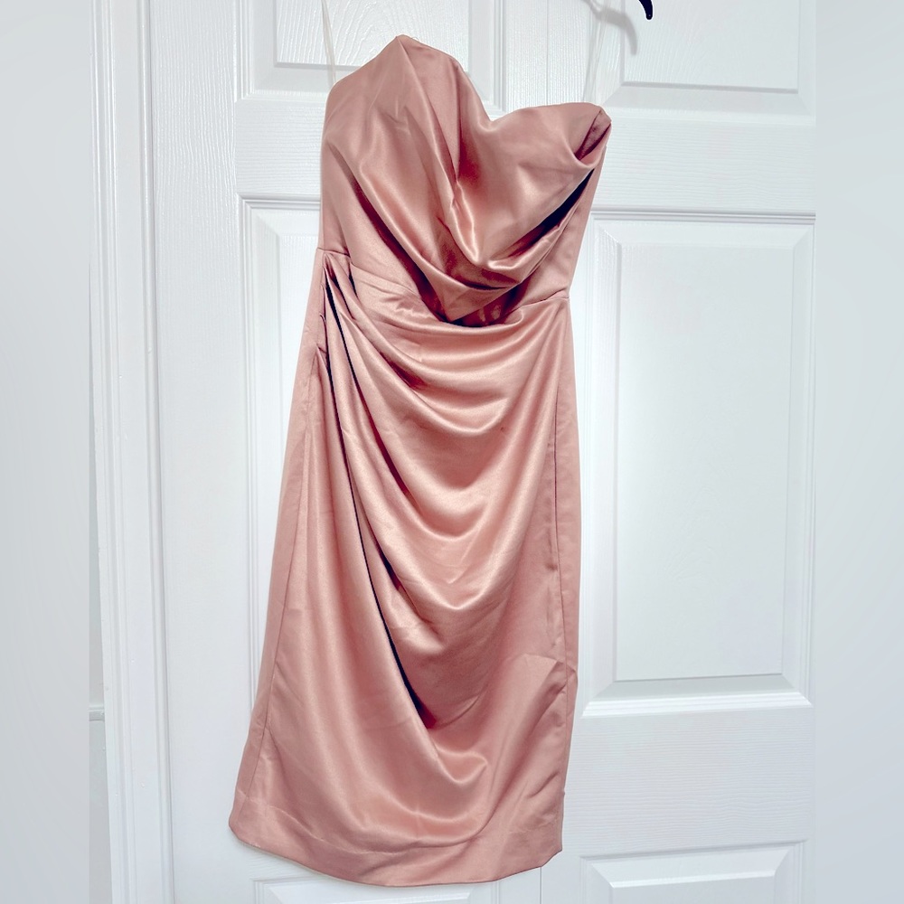 House of CB EMILIA  BLUSH SATIN STRAPLESS CORSET DRESS, party midi dress